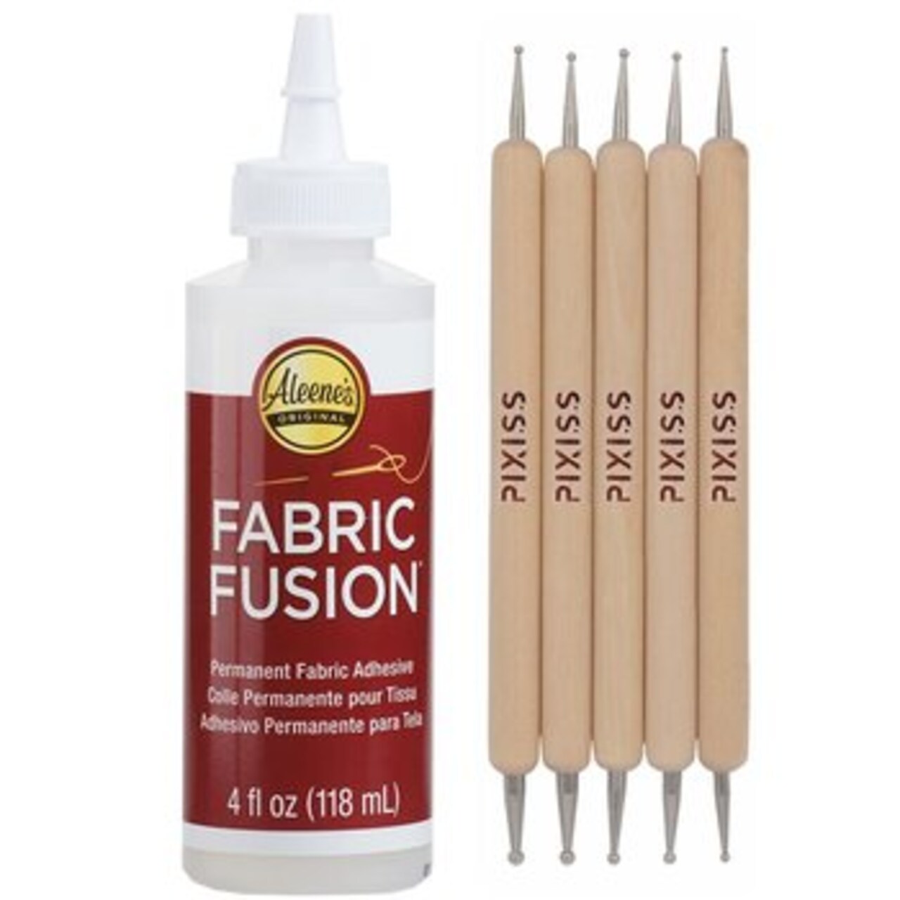 Fabric Fusion Fabric Glue Permanent Clear Washable 4oz for Patches, Rug Glue, Clothing Glue, No Sew Fabric Glue with Pixiss Art Dotting Stylus Pens 5 pcs Set